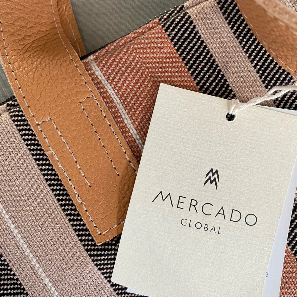 NWT Mercado Global Angela Tote Tan Canvas Leather Straps Chevron Pattern